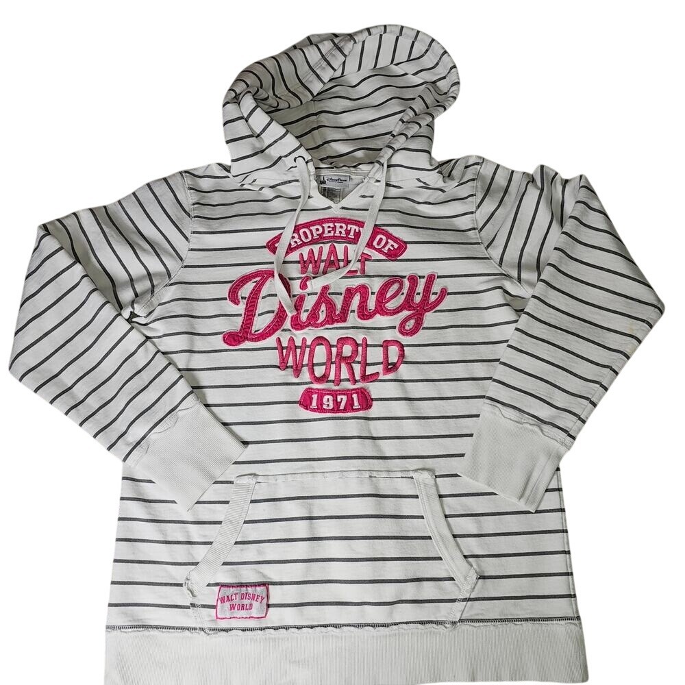 Walt Disney World Hooded Striped Sweatshirt Grey and White XXL PTP 22 Length 25